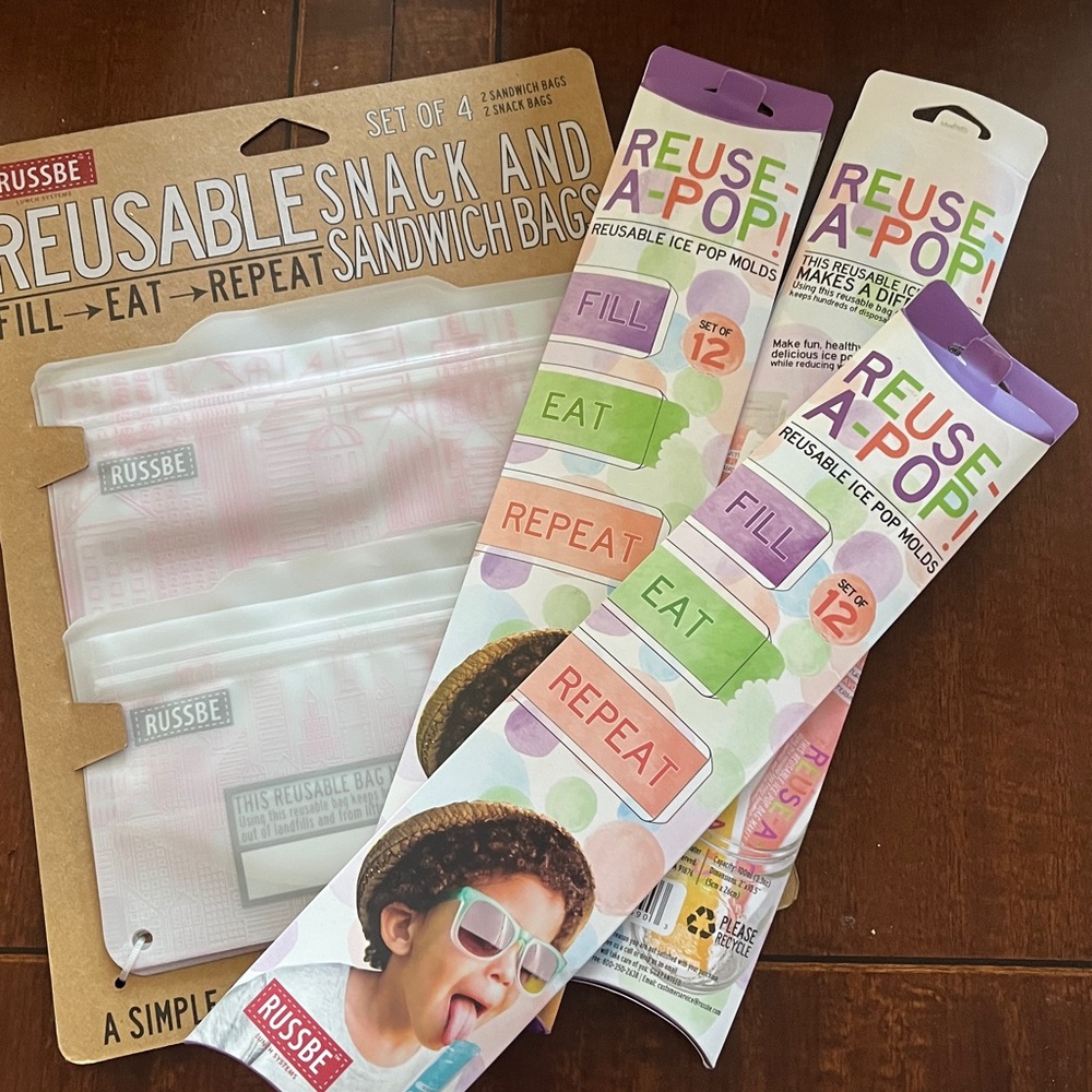 Russbe Reusable Snack and Sandwich Bags Set of 4 + reusable ice pop molds. (022)